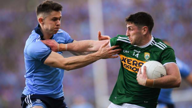 David Byrne, Dublin, and Paul Geaney, Kerry, during the All Ireland SFC Final at Croke Park.