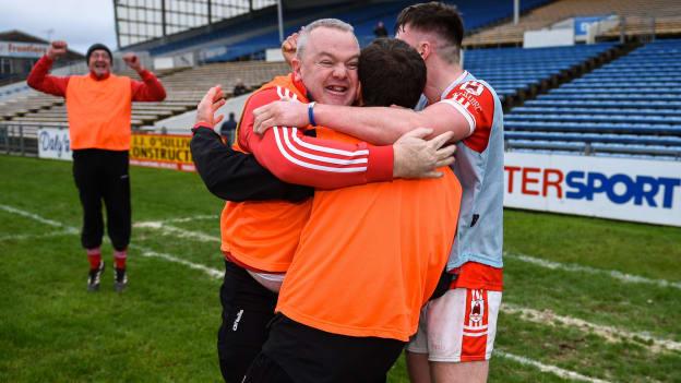 Charleville manager Ben O'Connor and his backroom staff celebrate following the AIB GAA Hurling All-Ireland Intermediate Championship semi-final victory over Graigue-Ballycallan on Saturday.