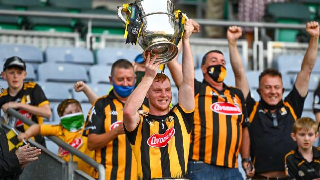Kilkenny captain Adrian Mullen holds aloft the Bob O'Keeffe Cup. 