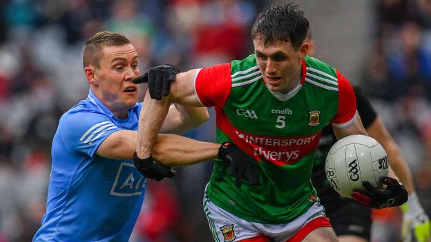 Patrick Durcan of Mayo in action against Con O'Callaghan of Dublin during the 2021 GAA Football All-Ireland Senior Championship semi-final match between Dublin and Mayo at Croke Park in Dublin. Photo by Seb Daly/Sportsfile