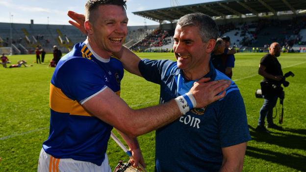 Tipperary manager, Liam Sheedy, congratulates Padraic Maher after their Munster SHC Round 1 victory over Cork. 