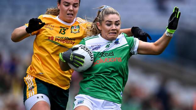 Brenda Bannon, Fermanagh, and Bronagh Devlin, Fermanagh, in action at Croke Park.