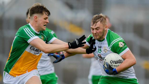 Killian Butler of London in action against Johnny Moloney of Offaly during the GAA Football All-Ireland Senior Championship Round 1 match between Offaly and London at Bord na Móna O'Connor Park in Tullamore, Offaly.
