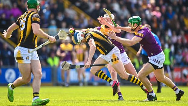 TJ Reid, Kilkenny, and Liam Ryan and Matthew O'Hanlon, Wexford in Leinster SHC action. Photo by Eóin Noonan/Sportsfile