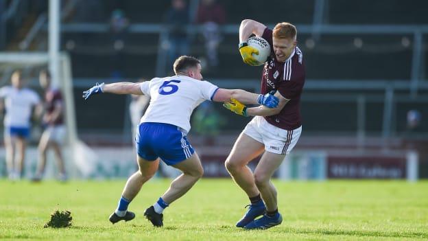 Adrian Varley, Galway, and Ryan Wylie, Monaghan, collide at Pearse Stadium.