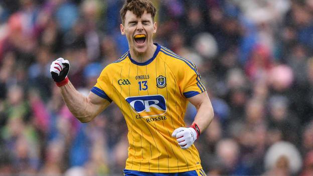 Cian Connolly celebrates after scoring a goal in the Connacht SFC Final at Pearse Stadium.