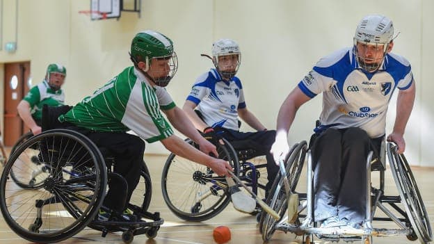 Stephen Melvin of Connacht in action against Alex Hennerbry of Leinster during the Round One of the 2018 M. Donnelly GAA Wheelchair Hurling League match between Connacht and Leinster at Holy Rosary College in Mountbellew, Galway.