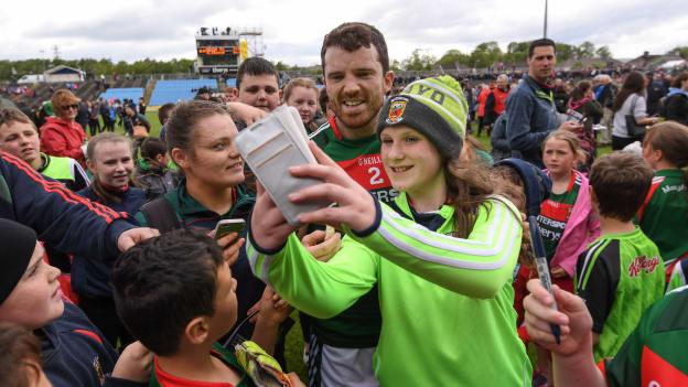 Chris Barrett with Mayo supporters following the game at Elverys MacHale Park.
