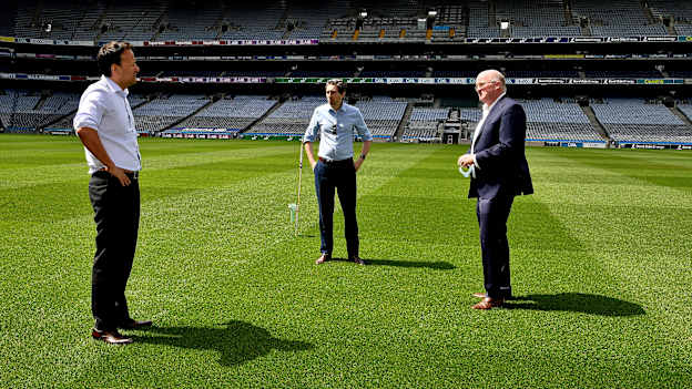 An Taoiseach, Leo Varadkar T.D., Minister for Health, Simon Harris T.D., and GAA President, John Horan, during a visit to the HSE COVID-19 community testing centre at Croke Park in Dublin. 
