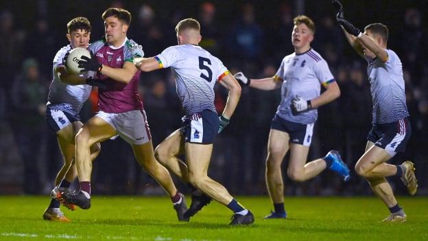 Seán Kelly of NUI Galway in action against Gearóid O'Donovan of UL, 5, during the Electric Ireland HE GAA Sigerson Cup Final match between NUI Galway and University of Limerick at IT Carlow in Carlow. 