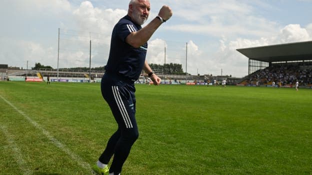 Glenn Ryan celebrates Kevin Feely's winning point near the end of today's clash of Roscommon and Kildare at Glenisk O'Connor Park, Tullamore.  