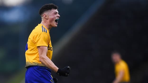 Patrick Gavin of Roscommon celebrates kicking a late point at Kingspan Breffni Park tonight. 