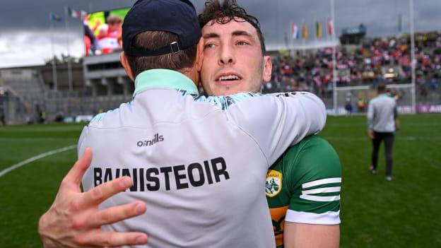 Jack O'Connor and Paudie Clifford celebrate following Kerry's All-Ireland SFC Semi-Final win over Derry at Croke Park. Photo by Piaras Ó Mídheach/Sportsfile