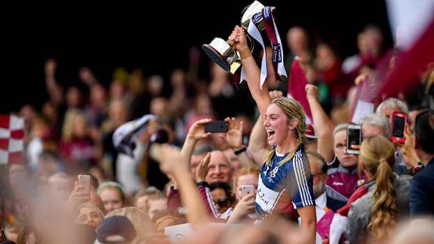 Westmeath captain Mairéad McCormack lifts the Jack McGrath Cup at Croke Park.