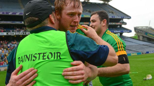 Damien Healy celebrates with Meath manager Martin Ennis following the 2016 Christy Ring Cup Final win.