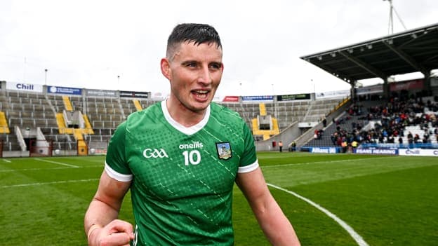 Gearóid Hegarty celebrates after Limerick's victory over Kilkenny in the 2023 Allianz Hurling League Division 1 Final. 