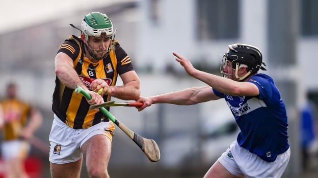 Paddy Deegan of Kilkenny in action against Donnchadh Hartnett of Laois during the Allianz Hurling League Division 1 Group B match between Laois and Kilkenny at Laois Hire O'Moore Park in Portlaoise, Laois. 