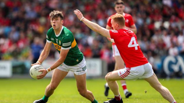 David Clifford, Kerry, and Donal McKenny, Louth, in All-Ireland SFC action. Photo by Michael P Ryan/Sportsfile