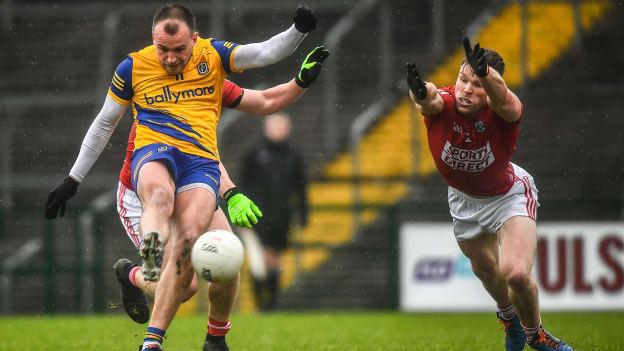 Enda Smith of Roscommon shoots to score his side's first goal during the Allianz Football League Division 2 match between Roscommon and Cork at Dr Hyde Park in Roscommon.