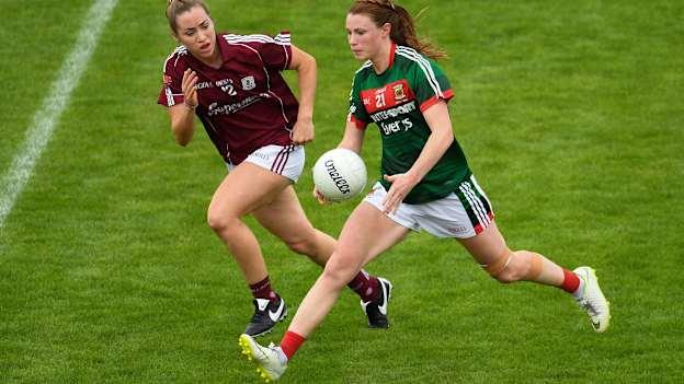 Aileen Gilroy of Mayo in action against Caitriona Cormican of Galway during the 2018 TG4 All-Ireland Ladies Football Senior Championship quarter-final match between Galway and Mayo at Dr. Hyde Park, in Roscommon. 