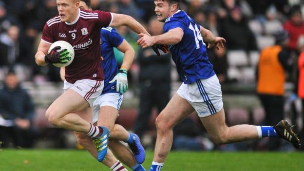 Kieran Duggan of Galway in action against Thomas Galligan of Cavan during the Allianz Football League Division 1 Round 1 match between Galway and Cavan at Pearse Stadium in Galway.