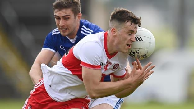 Shane McGuigan, Derry, and Killian Clarke, Cavan, in Allianz Football League Division Three action.