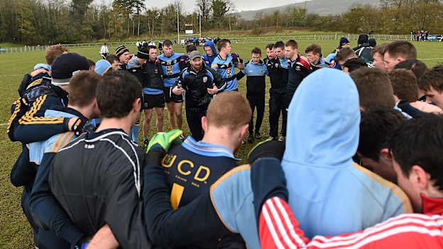 UCD manager John Divilly gives his team a pep-talk before the 2016 Sigerson Cup Final against DCU.