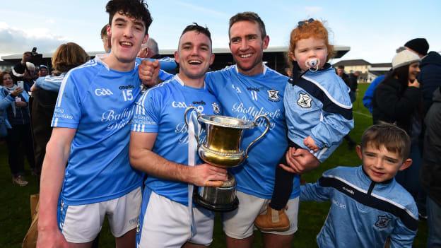 Eddie Brennan of Graigue Ballycallan celebrates with his children Harry and Maeve and team-mates Sean Ryan, left, and captain Darragh Egan following the Kilkenny County Intermediate Club Hurling Championship Final between Graigue Ballycallan and Tullaroan at Nowlan Park in Kilkenny.