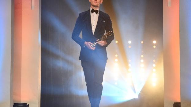 Brian Fenton pictured collecting his PwC Footballer of the Year award for 2018.
