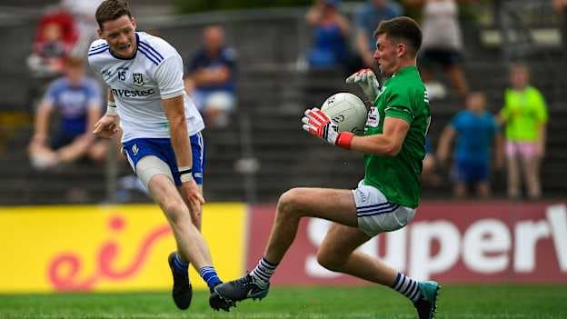 Graham Brody of Laois saves a shot at goal by Conor McManus of Monaghan during their All-Ireland SFC Qualifier Round 4 match. 