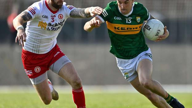 Tony Brosnan, Kerry, and Ronan McNamee, Tyrone, in Allianz Football League action.