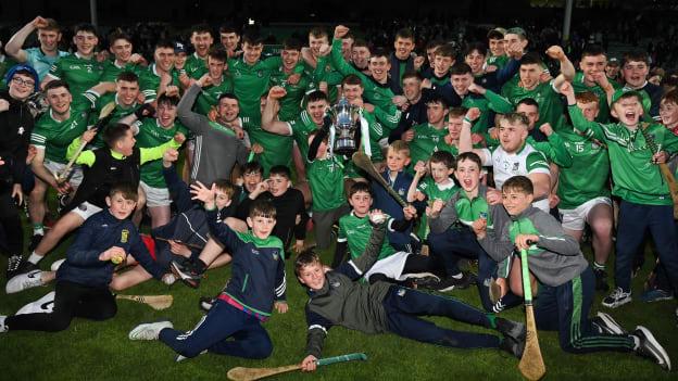 Limerick players and supporters celebrate after their side's victory in the oneills.com Munster GAA Hurling U20 Championship Final match between Limerick and Tipperary at TUS Gaelic Grounds in Limerick. 