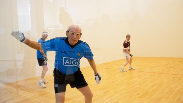 Ned Flynn is a study in concentration during the All-Ireland Handball Over 70s Doubles Final. 