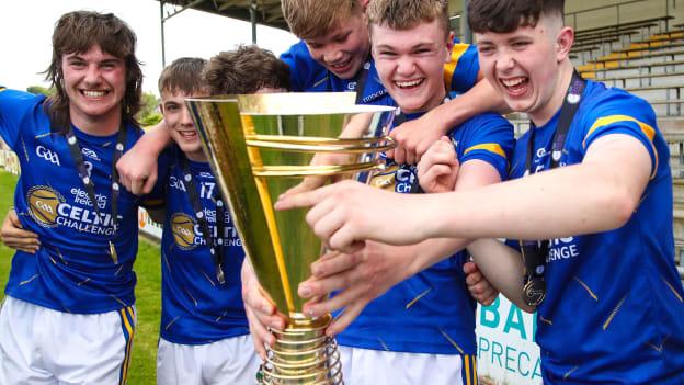 Tipperary players celebrate with the trophy after the GAA Celtic Challenge Cup Finals match between Galway and Tipperary at St Brendan’s Park in Birr, Offaly. Photo by Michael P Ryan/Sportsfile.