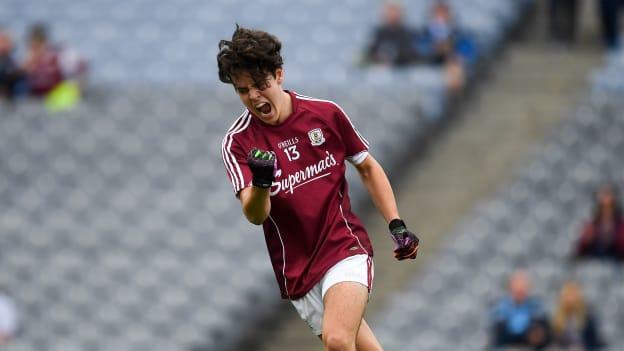 Eoghan Tinney celebrates after scoring Galway's first goal against Meath in the Electric Ireland All-Ireland Minor Football semi-final. 