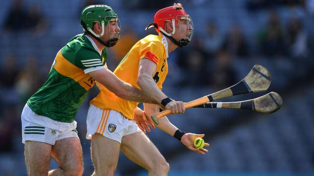 James McNaughton, Antrim, and Tommy Walsh, Kerry, during the Joe McDonagh Cup Final at Croke Park.