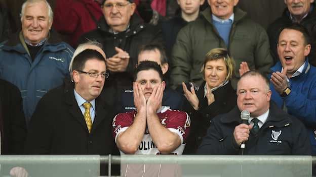 Mullinalaghta St Columba's captain Shane Mulligan waits to lift the cup after victory over Kilmacud Crokes in the AIB Leinster GAA Football Senior Club Championship Final.