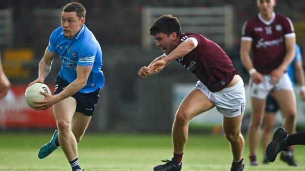 Con O'Callaghan, Dublin, and Seán Kelly, Galway, in Allianz Football League action at Tuam Stadium.