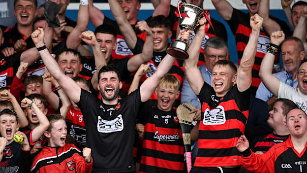 Stephen O'Keeffe, left, and Philip Mahony of Ballygunner lift the cup after the Waterford County Senior Club Hurling Championship Final match between De La Salle and Ballygunner at Walsh Park in Waterford. Photo by David Fitzgerald/Sportsfile