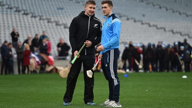 Dublin Hurler Sean Moran, right, alongside All Blacks star Jack Goodhue during the AIG Heroes Event at Croke Park, Dublin.