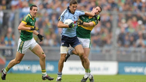 James McCarthy, Dublin, in action against Declan O'Sullivan, Kerry, in the 2011 All-Ireland SFC Final. 