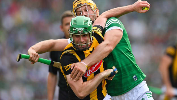 Tommy Walsh of Kilkenny is pulled back by Tom Morrissey of Limerick during the 2022 GAA Hurling All-Ireland Senior Championship Final match between Kilkenny and Limerick at Croke Park in Dublin.