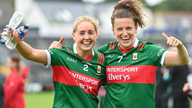 Mayo's Kathryn Sullivan and Eilis Ronayne celebrate at Pearse Stadium. Photo by Sam Barnes/Sportsfile