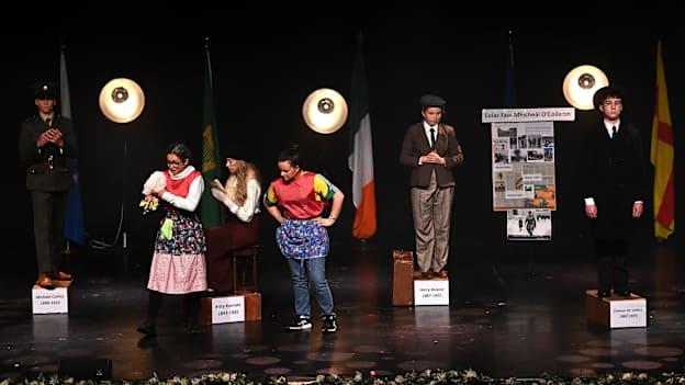 The Naomh Séamus group, representing Cork and Munster, of Cáit Ní Mhathúna, Orlaith Ní hUallachán, Laura Nic Searraigh, Meadhbh Ní Chárthaigh, Conor Ó hUallachán and Seosamh Ó Súilleabháin in the Nuachleas competition during the Scór na nÓg All-Ireland Finals at the INEC, in Killarney, Kerry.