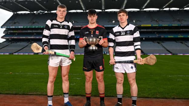 In attendance at the Masita GAA All-Ireland Post Primary Schools Championships captain's call at Croke Park in Dublin is Joe Fitzpatrick, left, and Conor Cody of St Kieran's College, Kilkenny, and Vince Harrington of Ardscoil Ris, Limerick. The Masita GAA All-Ireland Post Primary Schools Croke Cup and the Masita GAA All-Ireland Post Primary Schools Hogan Cup will be played in Croke Park on St Patrick’s Day, 17th March 2022. 