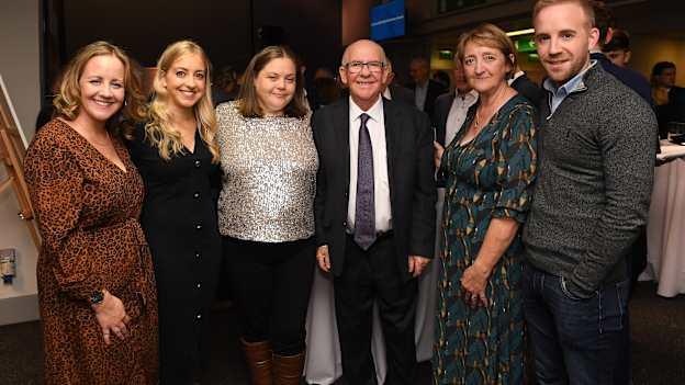 2020 Hall of Fame Award winner Seán Bán Breathnach pictured with his family - daughters Katie Uí Chonghaile, Léan Breathnach, Brighid Breathnach, Wife Brighid Bán Breathnach, and son Cárthach Breathnach.