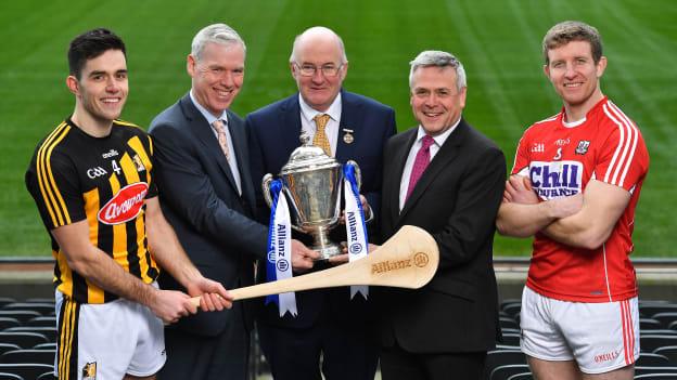 Pictured at the launch of the 2019 Allianz Hurling League were (l to r) Kilkenny hurler Paddy Deegan, Chief Customer Officer of Allianz Ireland, Peter Kilcullen, GAA President John Horan, CEO of Allianz Ireland Sean McGrath, and Cork hurler Bill Cooper. 