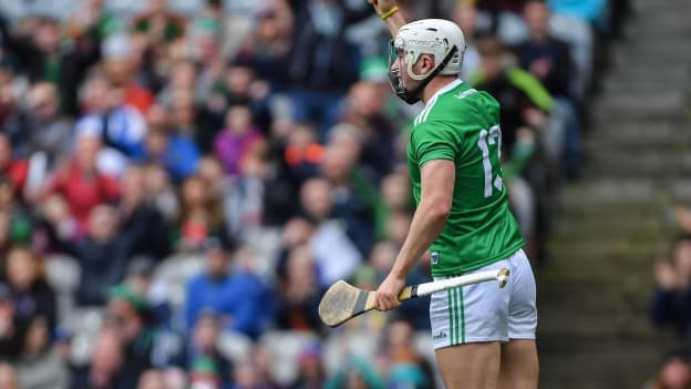 Aaron Gillane celebrates after scoring a first half goal for Limerick against Waterford at Croke Park.