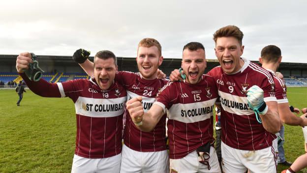 Conor McElligott, Eoghan Keegan, Aidan McElligott and John Keegan celebrate a famous victory for St Columba's, Mullinalaghta.