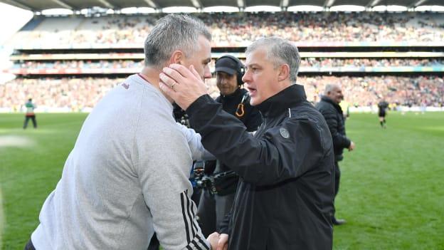 Pádraic Joyce and Kevin McStay following the 2023 Allianz Football League Final at Croke Park. Photo by Sam Barnes/Sportsfile